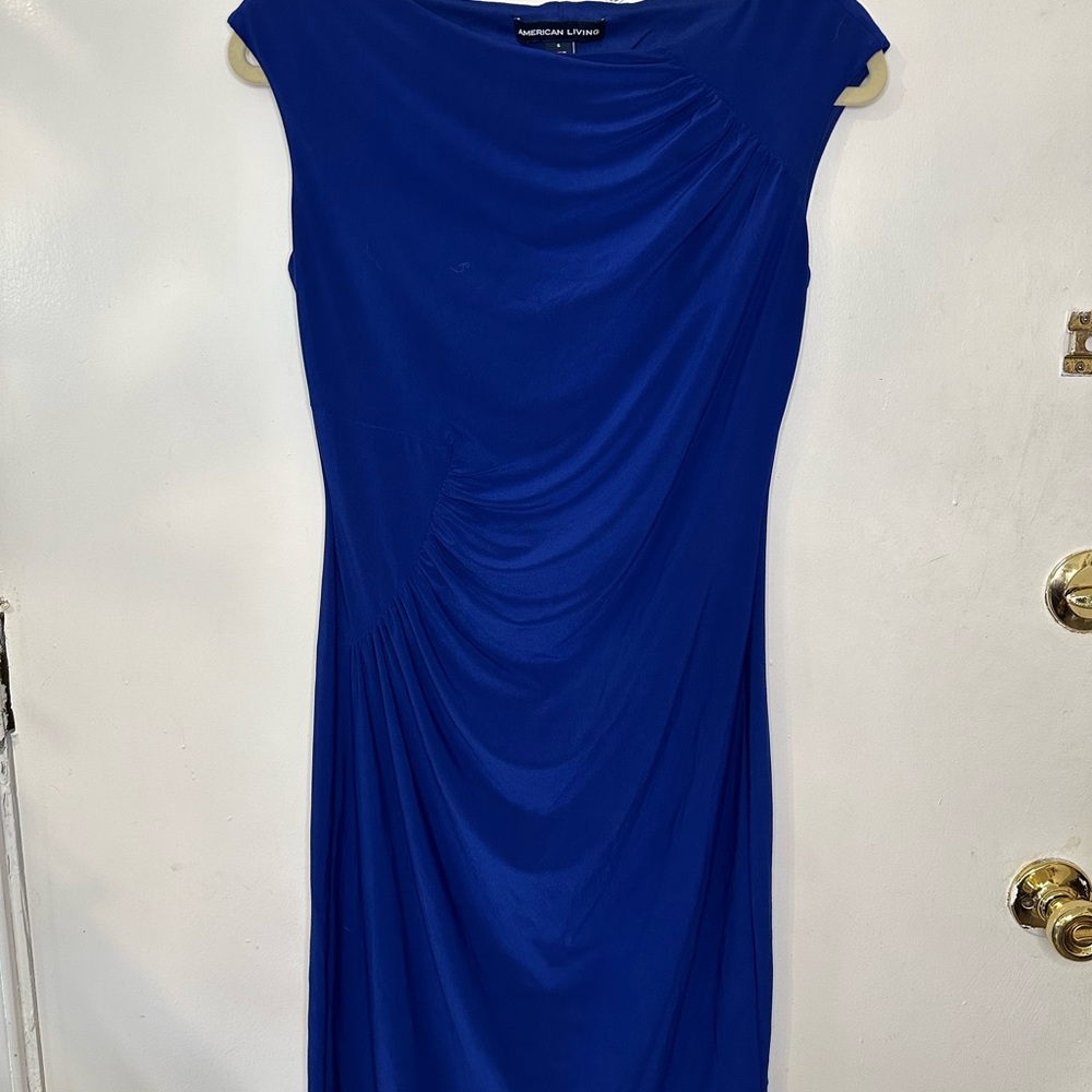 American Living Blue Asymmetrical Ruched Midi Dress
